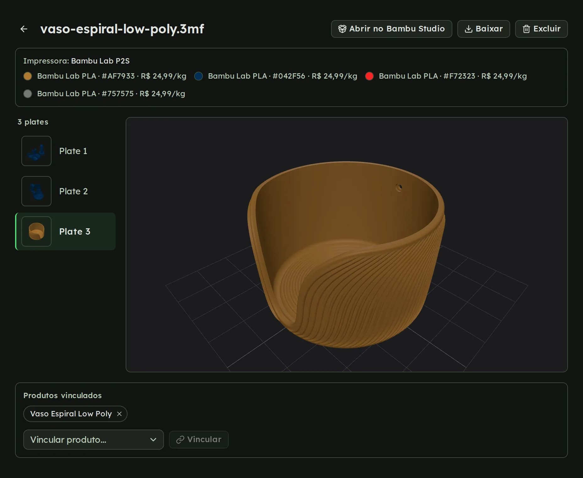 Visualizador 3D de um projeto 3MF com a lista de plates e os filamentos usados