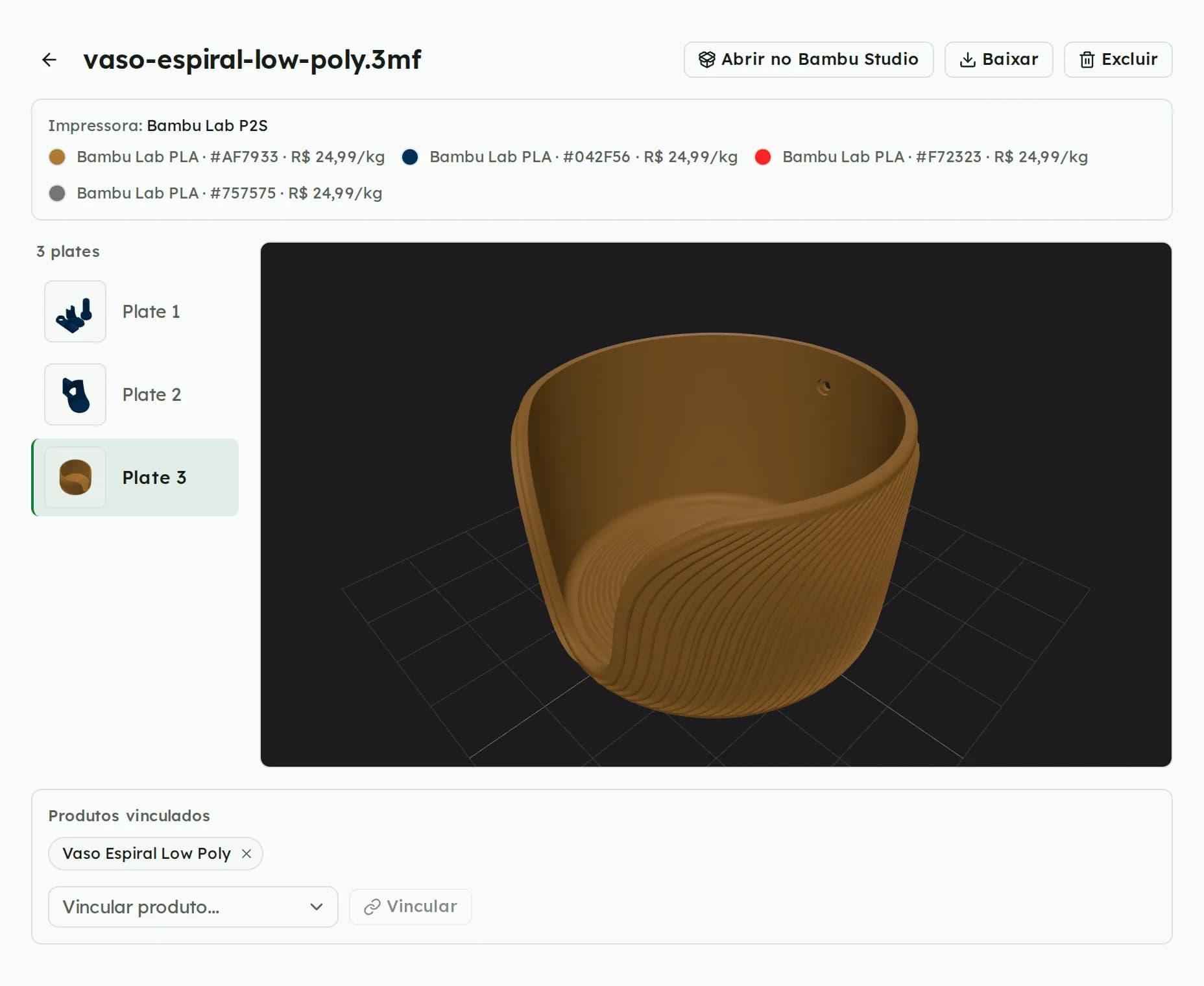 Visualizador 3D de um projeto 3MF com a lista de plates e os filamentos usados